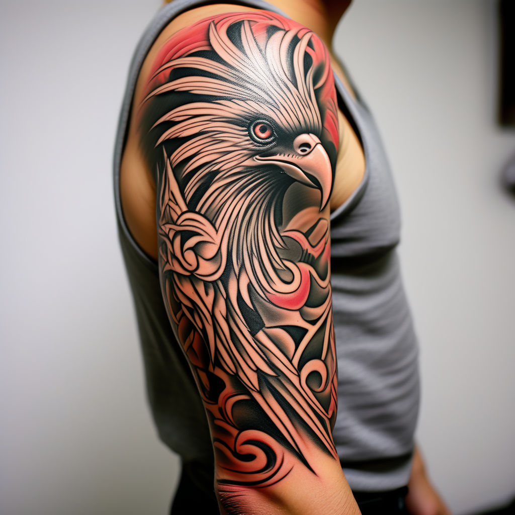 Falcon tattoo on the left upper arm.