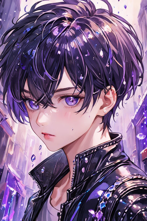 anime boy with black hair and purple eyes