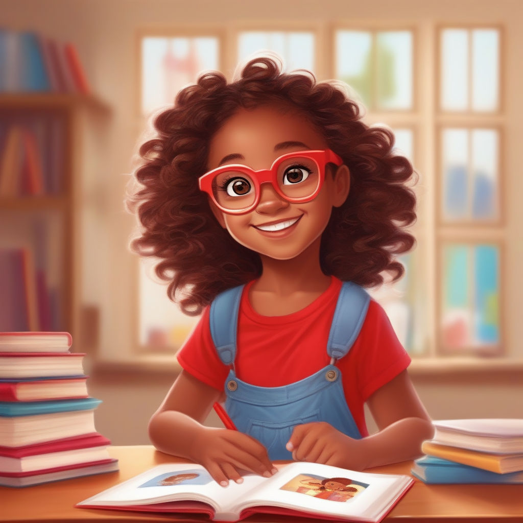 Illustration of a dark-skinned anime girl with glasses and curly hair