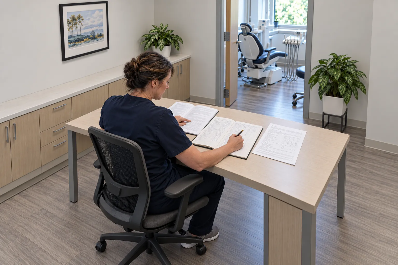 A dental-practice administrator records a source rule in a populated paper deadline log beside a receipt record.