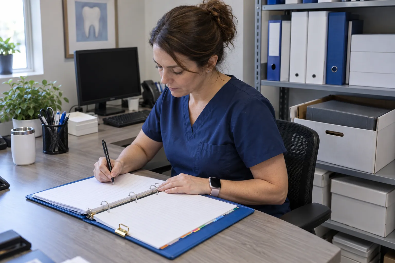 A dental records manager writes in a current payer requirements binder beside an archived binder.