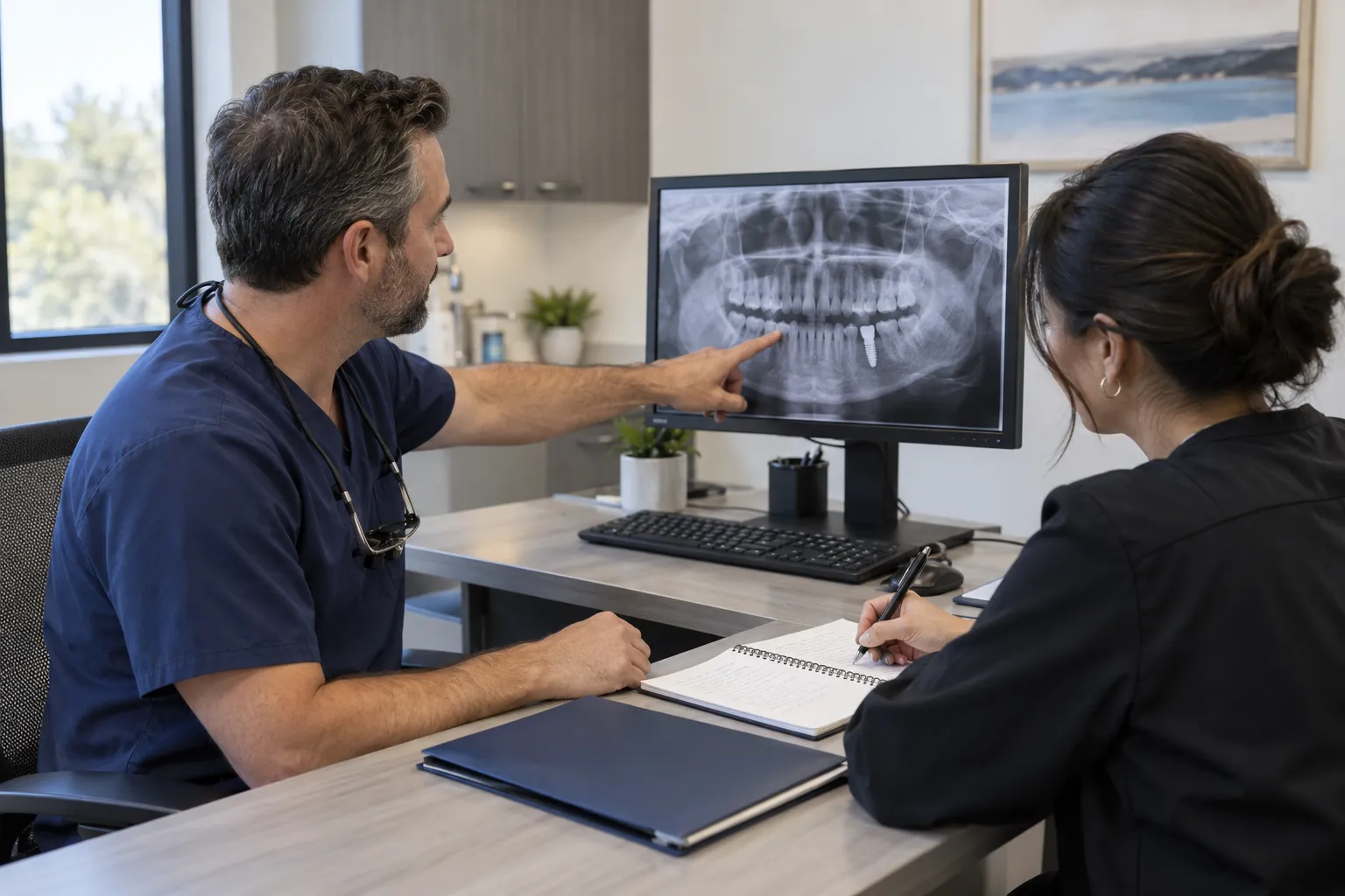 A dentist and billing specialist review a generic de-identified panoramic image showing an implant while the specialist takes notes.
