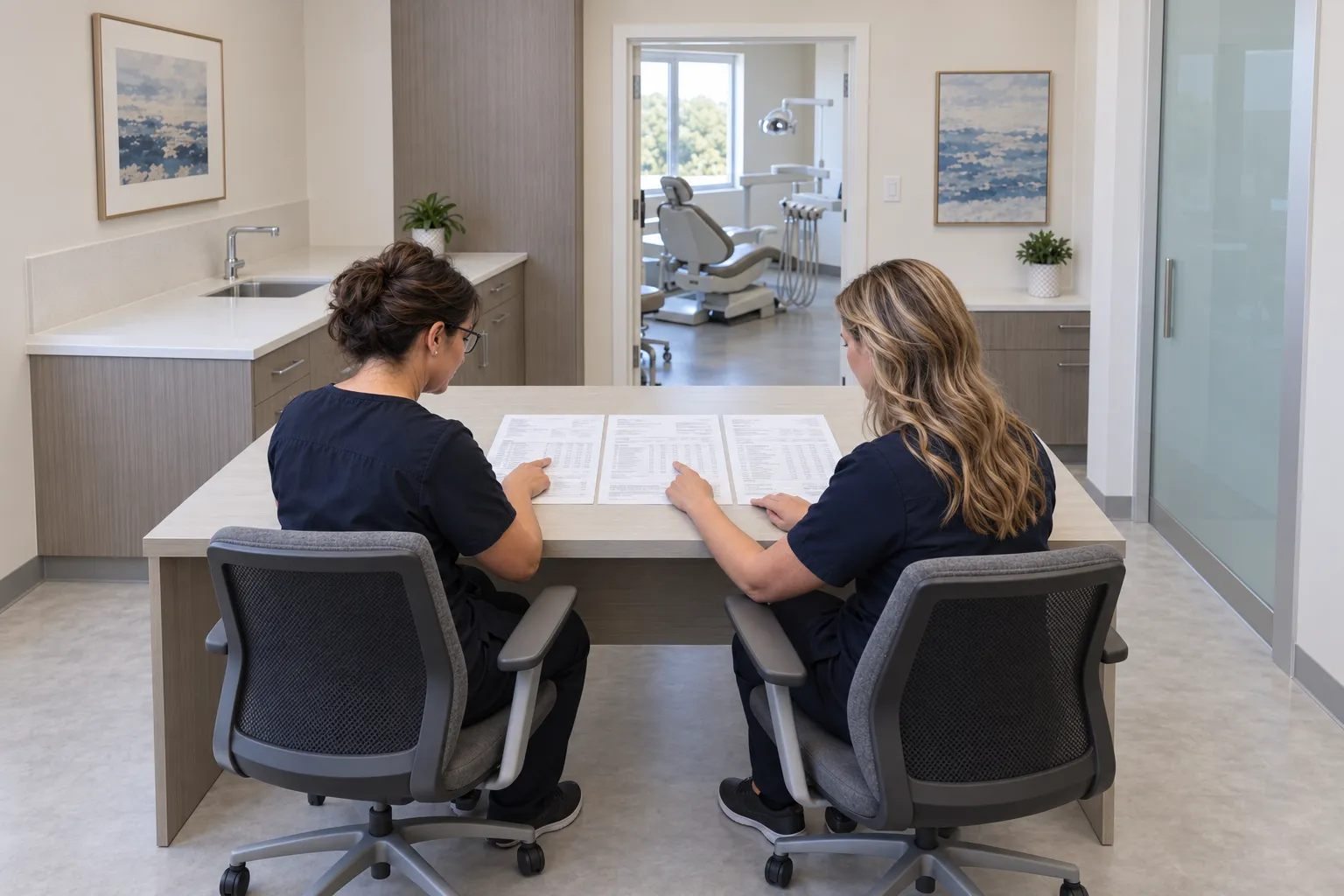 Two dental billing administrators compare corresponding rows across three populated payment records.