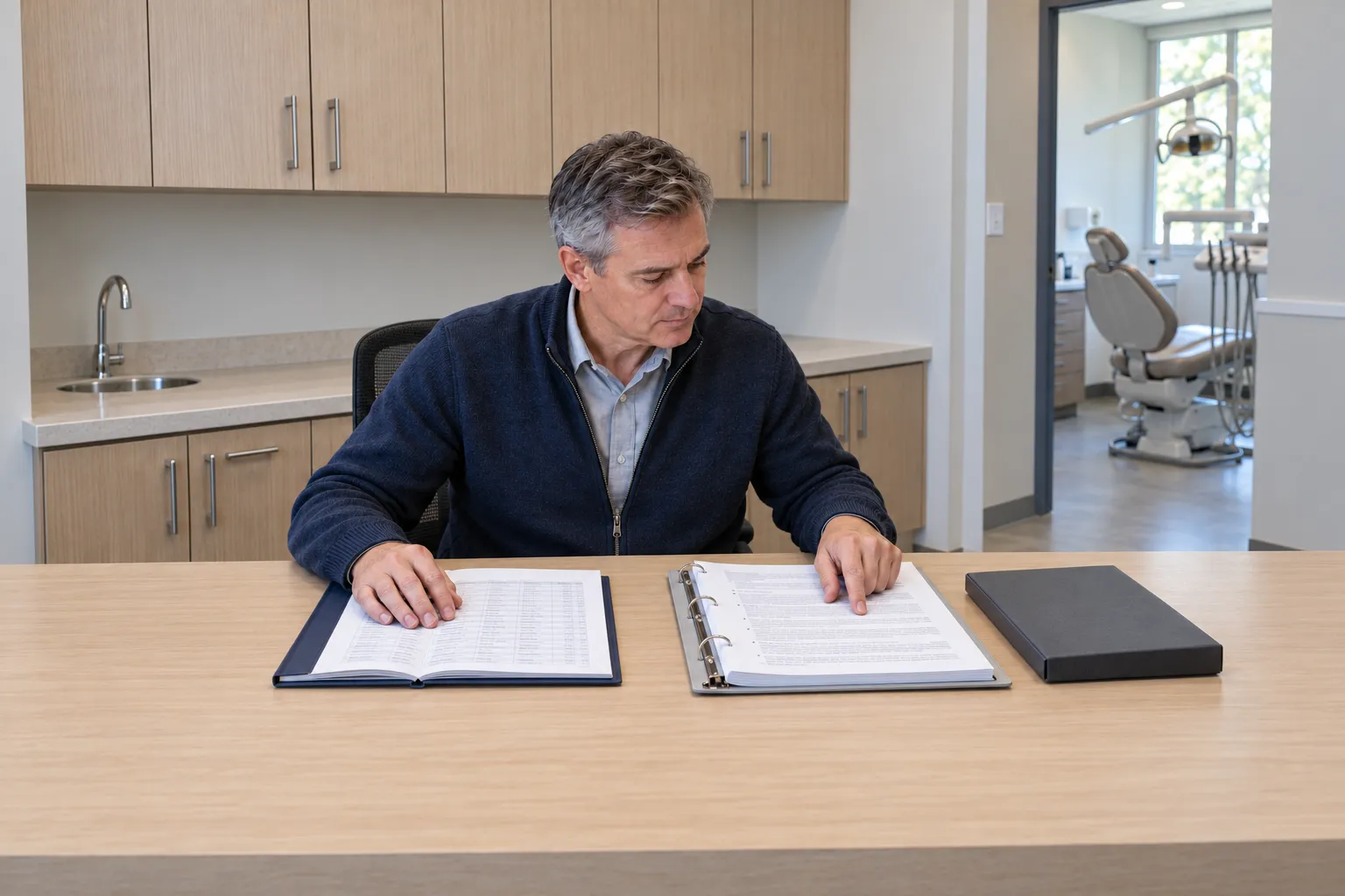 A dental-practice administrator compares a practice fee ledger with a separate plan-definition binder.