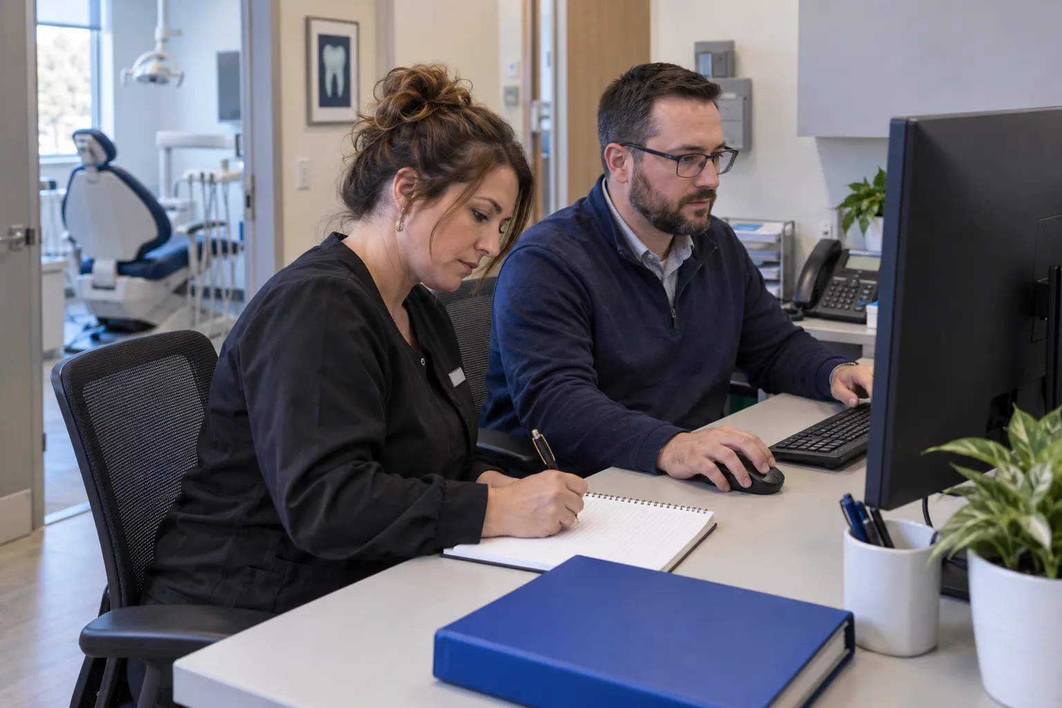 A dental operations leader takes notes while an IT analyst works at a hidden-screen workstation.