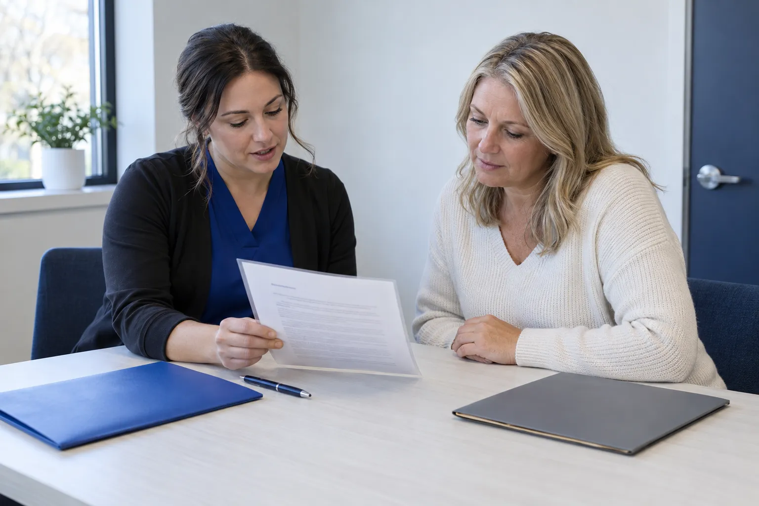 A dental financial coordinator and patient review one estimate letter together with two separate folders beside them.