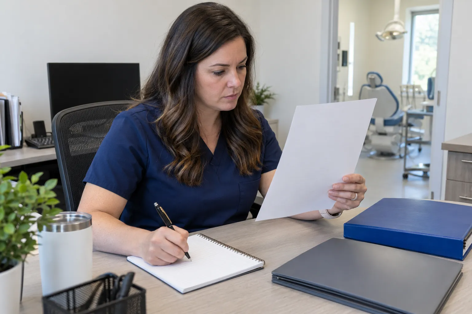 A dental billing quality analyst reviews a hidden denial letter while writing a separate root-cause note.