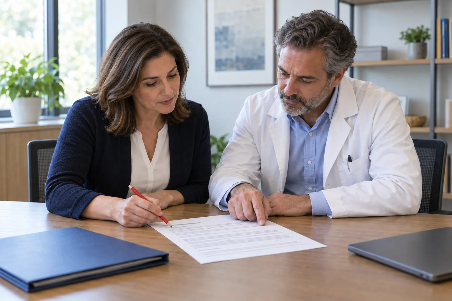 A physician and medical practice manager review a printed clinic advertisement with a red pencil in a private office.