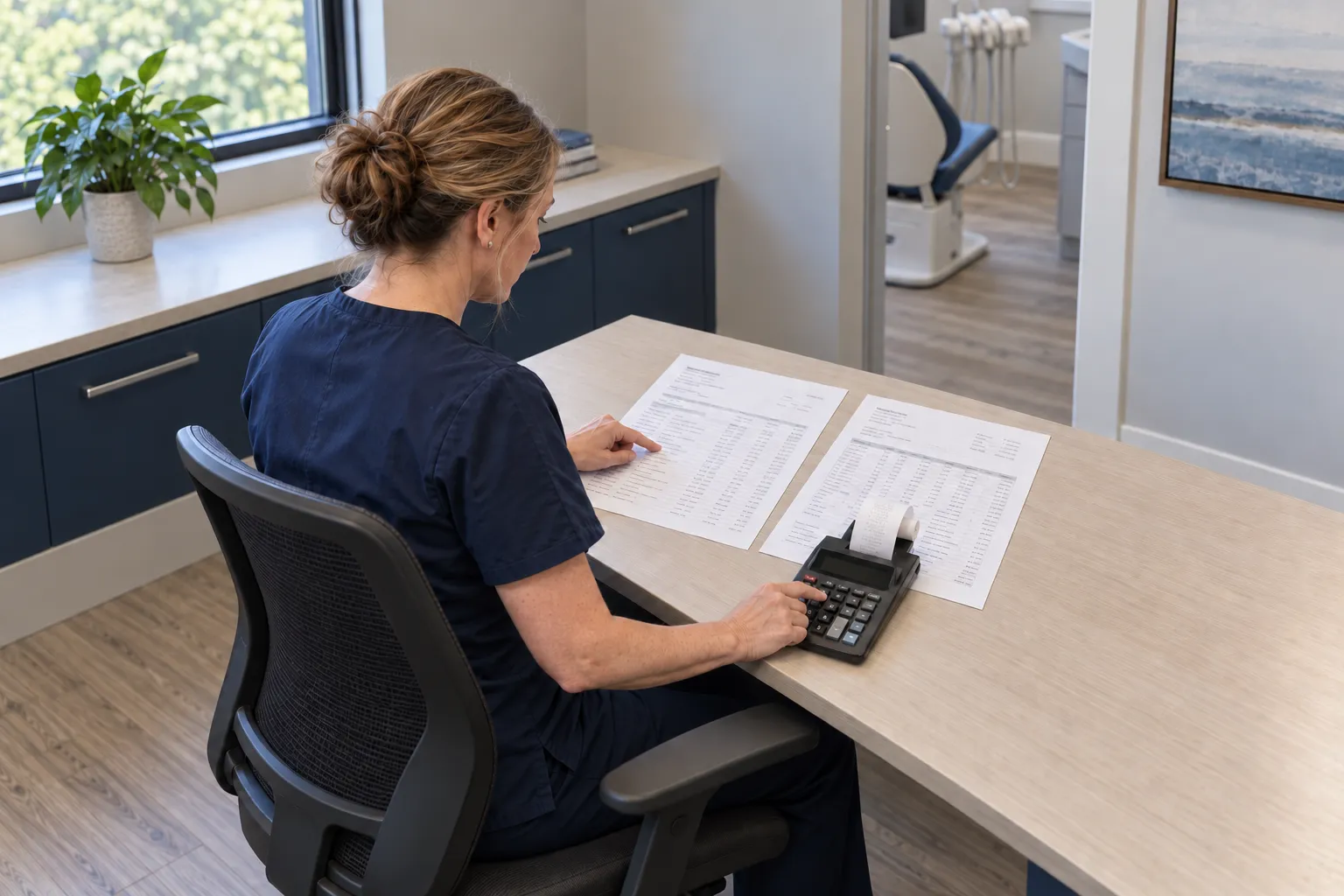 A billing specialist reconciles two populated payment records with a printing calculator at a dental-office desk.