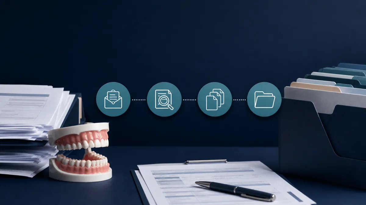Dental model, claim notices, review markers, and organized follow-up files