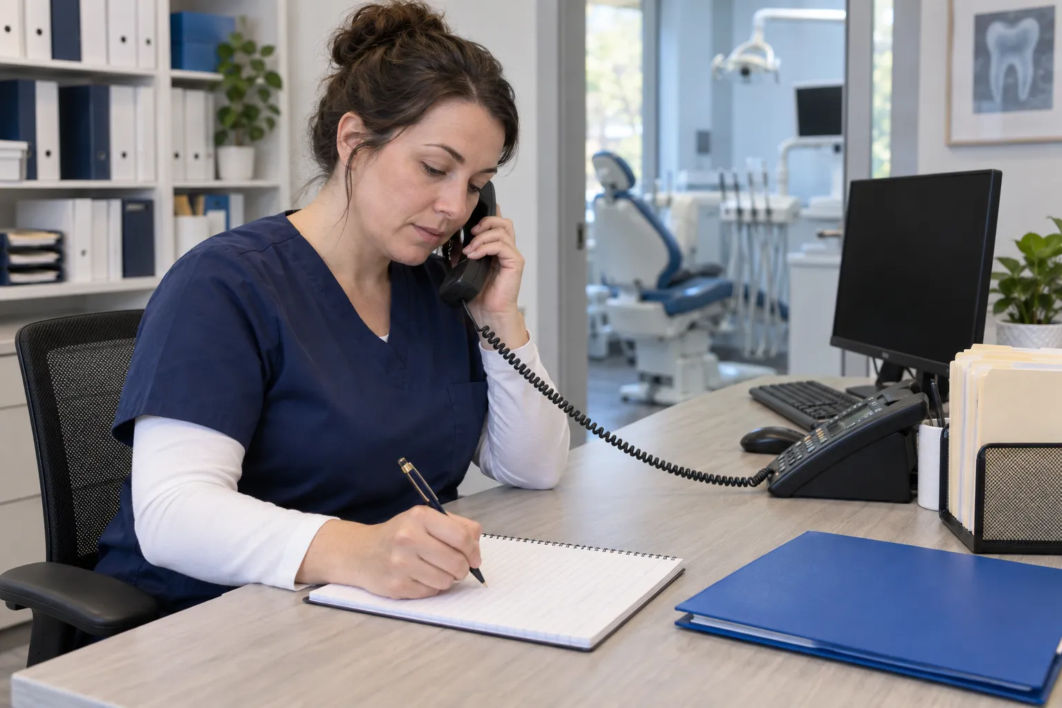 A dental billing specialist records a claim-status follow-up while speaking on a corded phone.