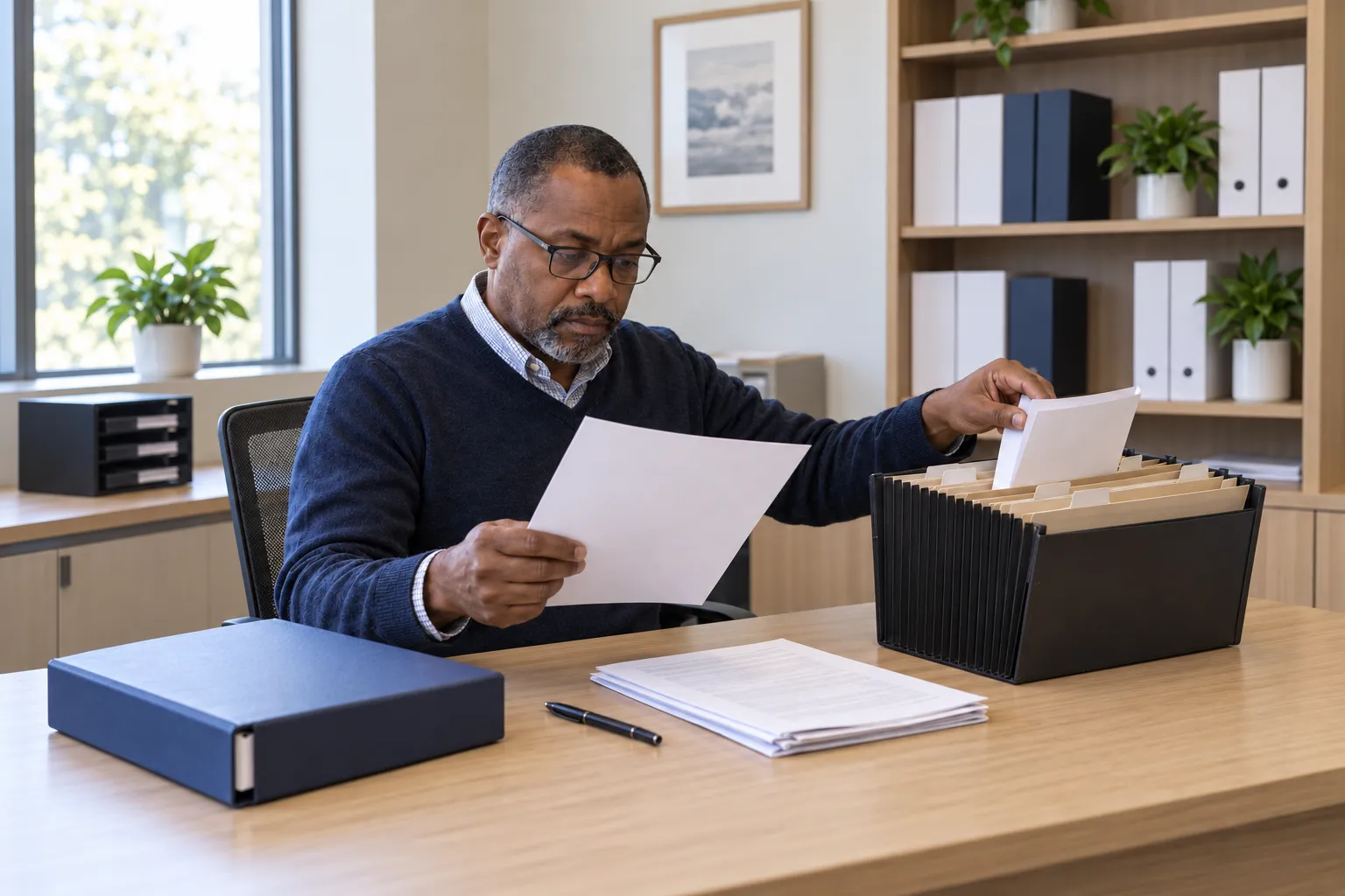 A billing specialist compares a document with a claim packet retrieved from an expanding file.