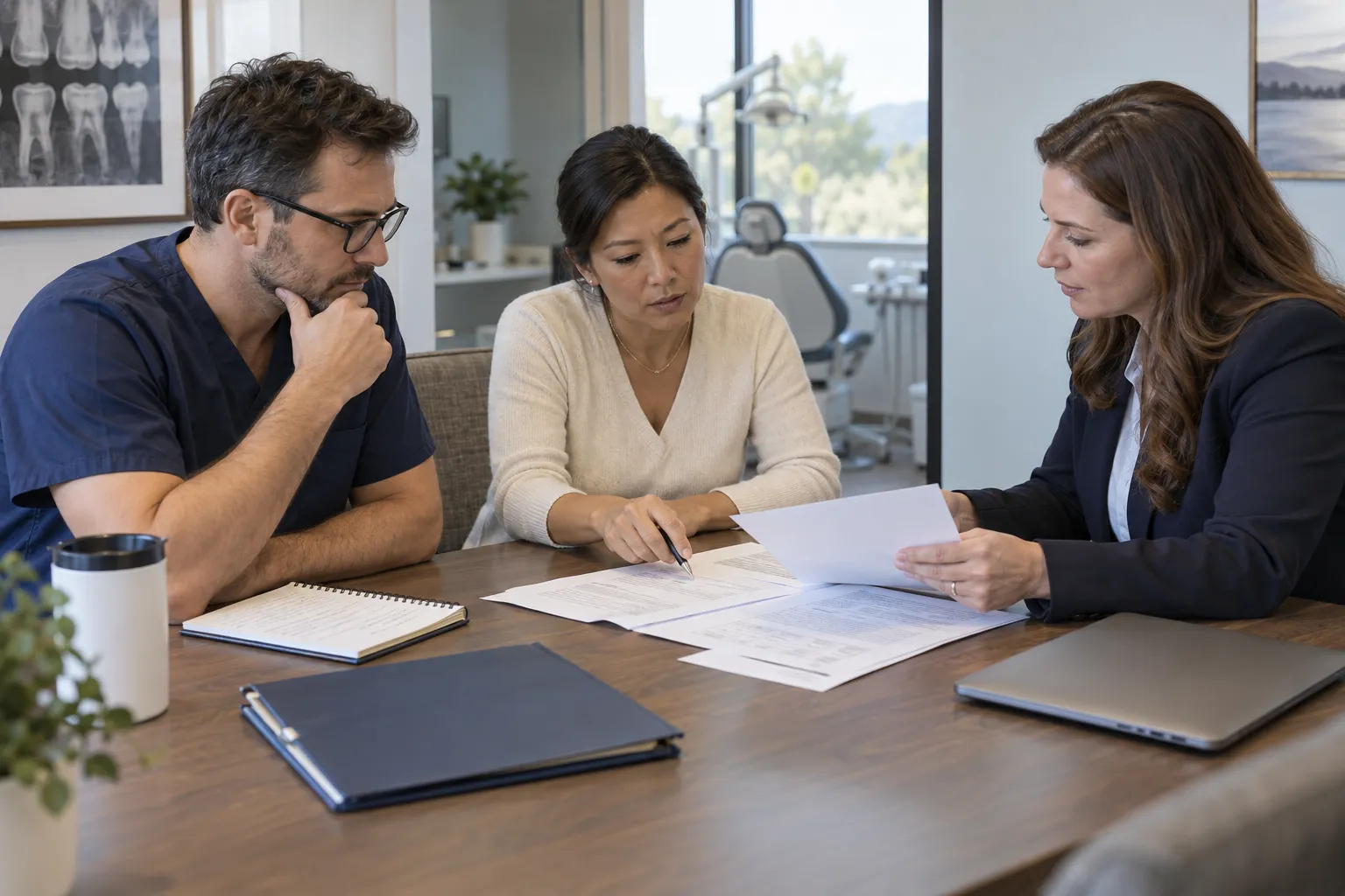 Dental-practice leaders and a prospective billing partner compare scope, controls, and contract documents in a dental office.