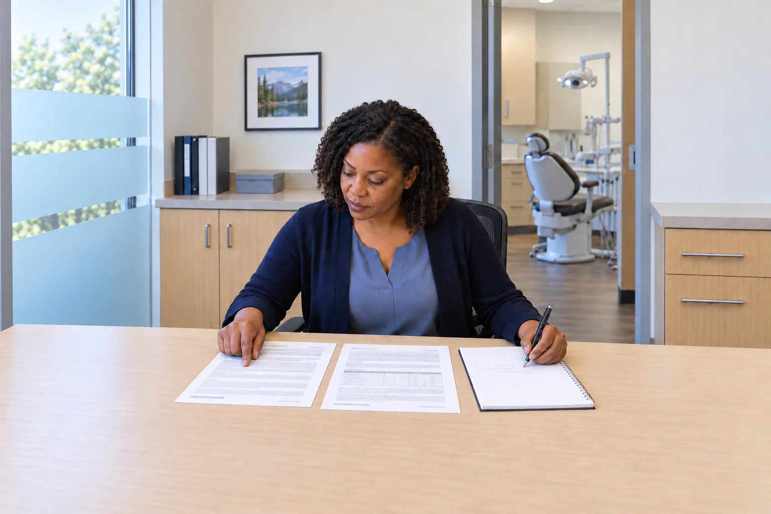 A dental benefits coordinator compares an enrollment-source record with separate plan terms while writing a verification note.