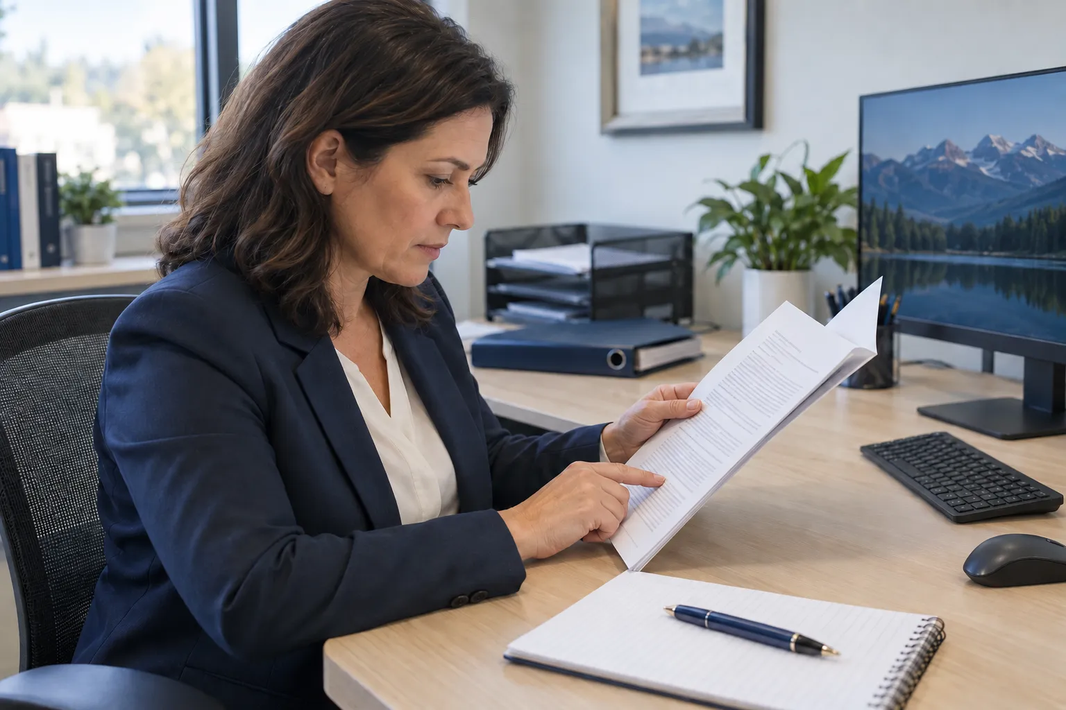 A practice administrator reviews a printed single case agreement and points to its written terms.