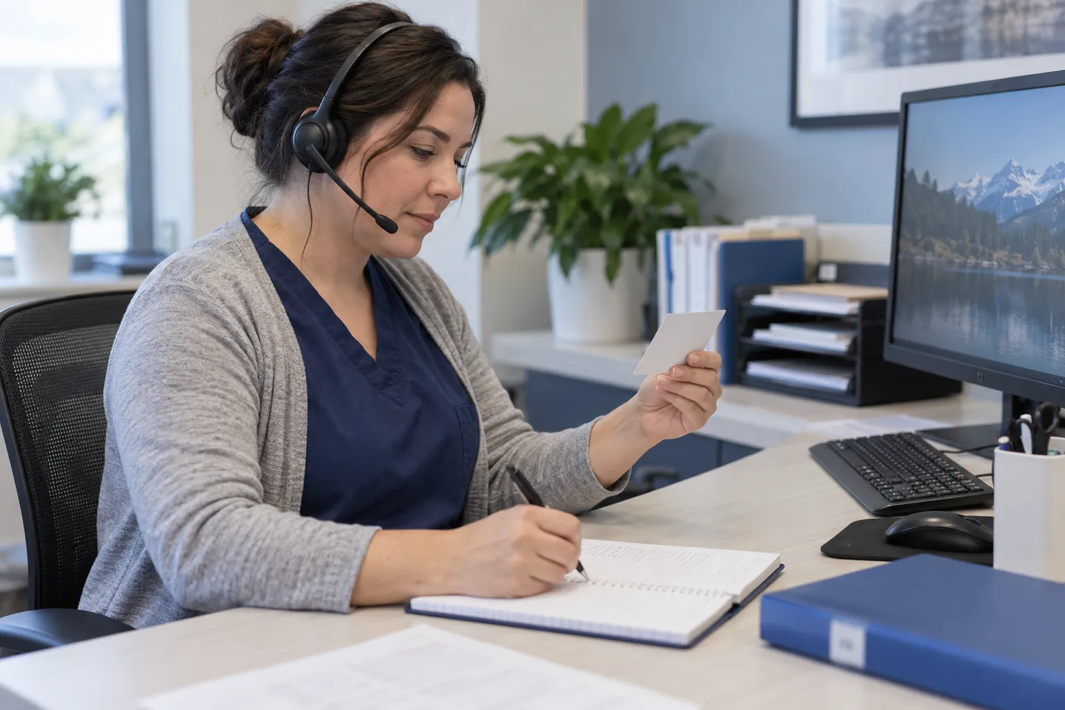 A dental billing specialist reviews an insurance card while taking notes during a medical benefits verification call.