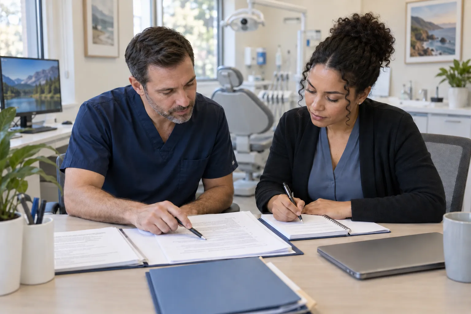 A dentist and billing coordinator review a medical-claim readiness packet and record pilot-workflow notes in a dental office.