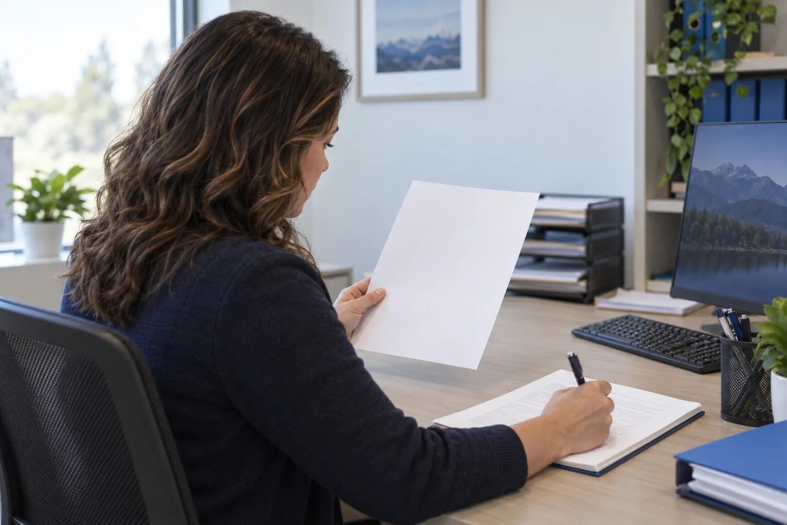 A healthcare billing professional reviews a document over her shoulder while making notes at a desk.