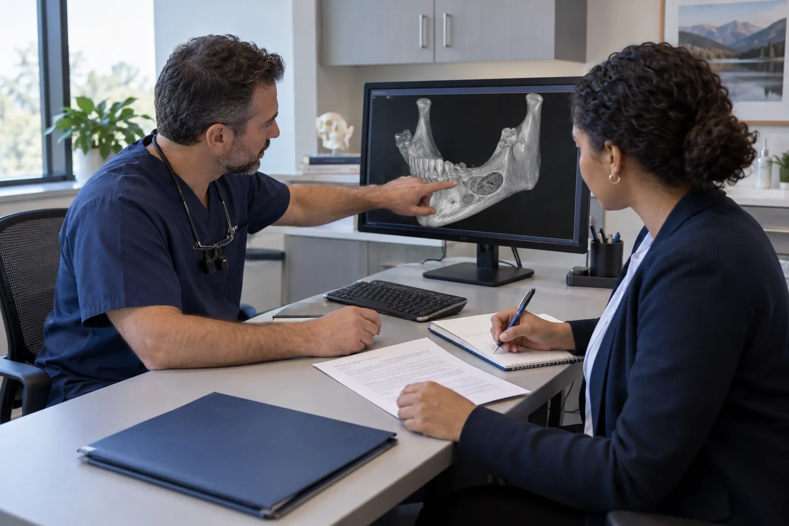 A clinician and billing specialist review a generic conceptual 3D jaw-bone image and a printed plan page while taking notes.