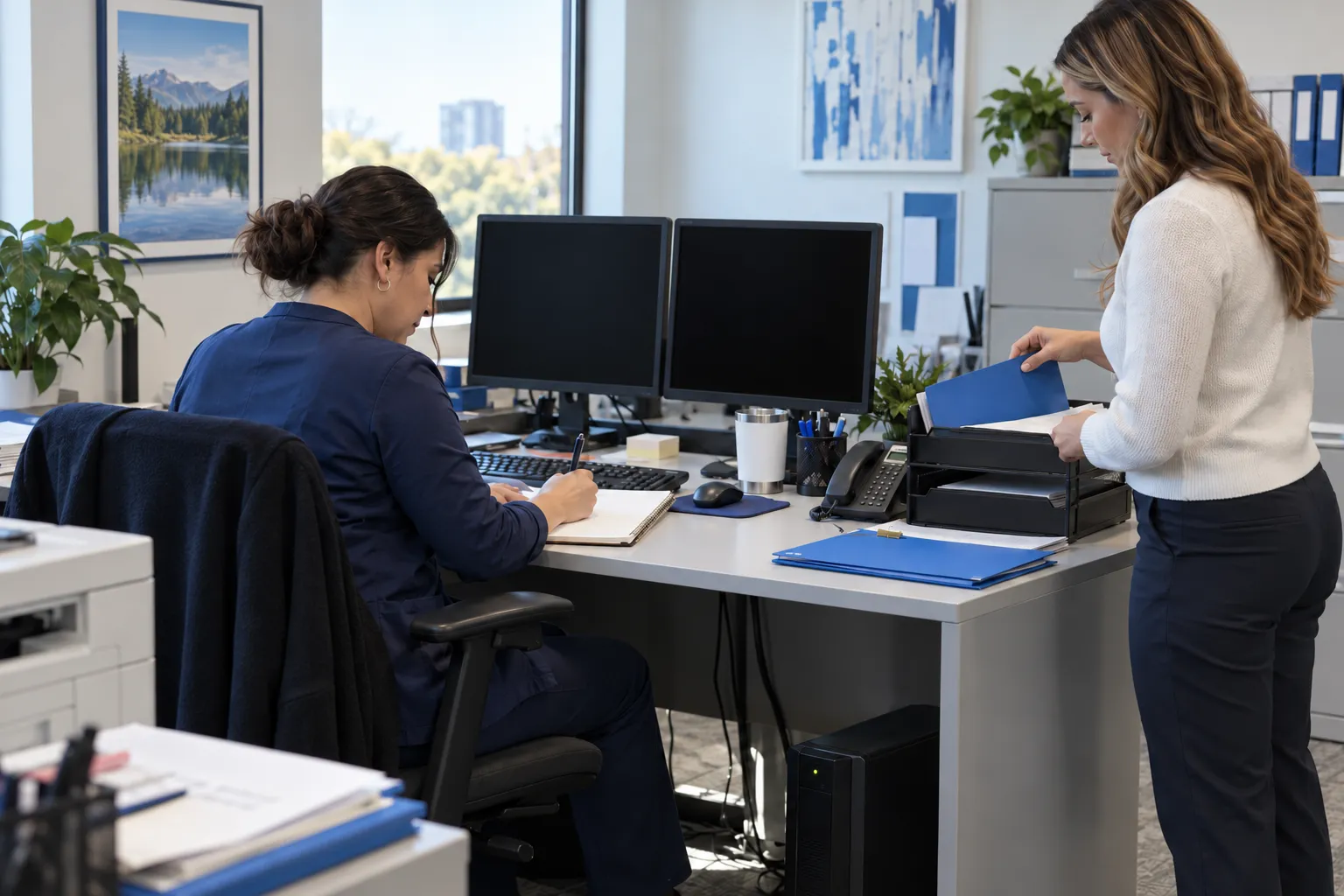 Two dental revenue-cycle staff members using a controlled paper queue while billing systems are temporarily unavailable