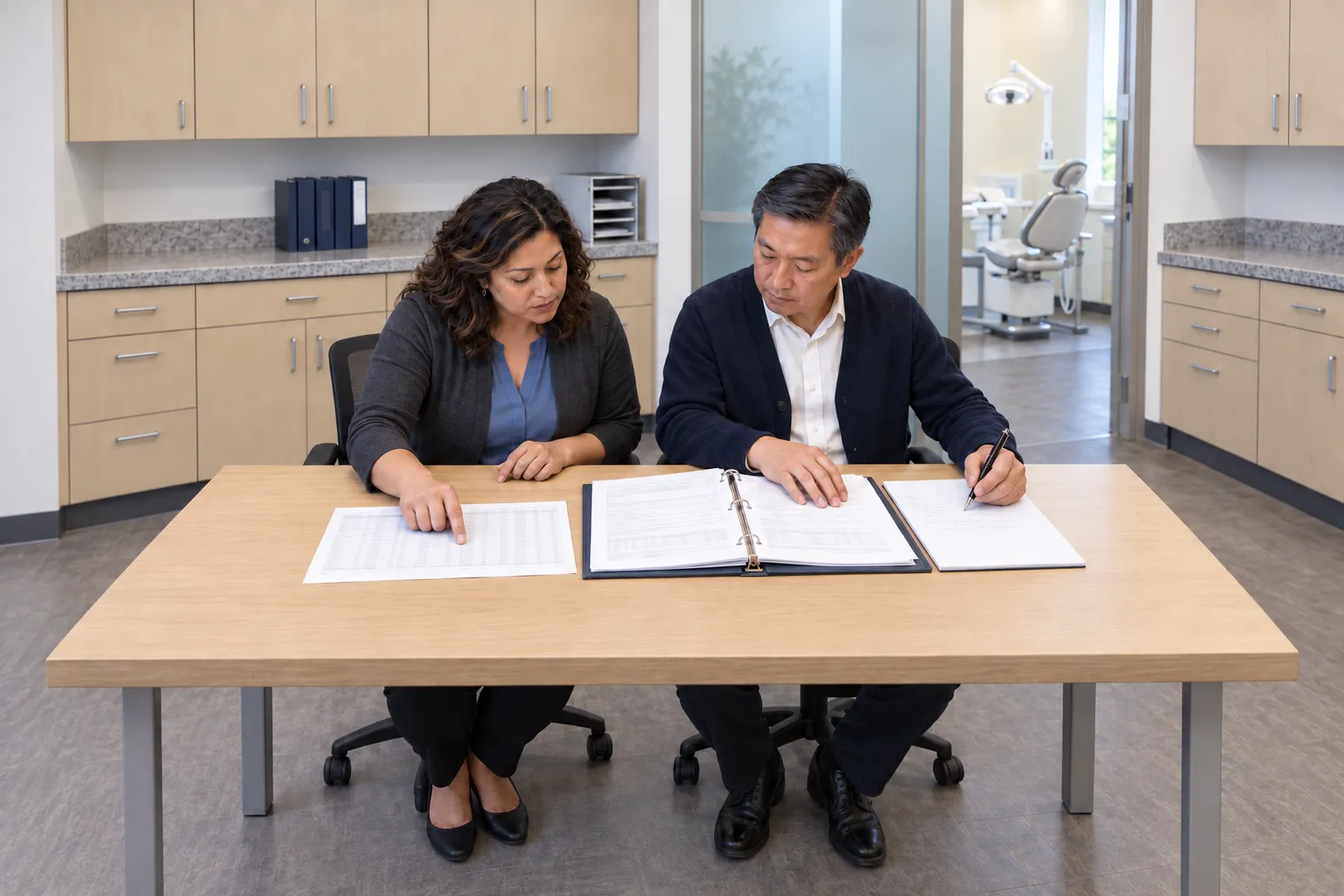 Two dental-practice reviewers reconcile a printed accumulator history with a separate transaction binder and log a discrepancy.