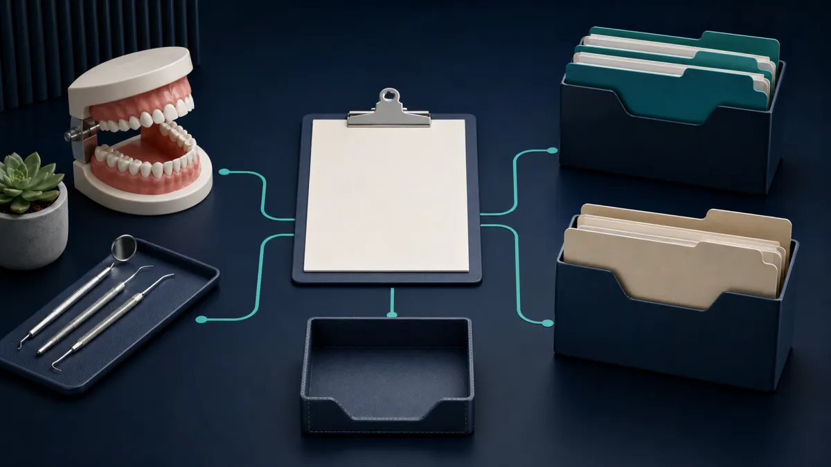 A dental model connected to a reconciliation clipboard, separate account folders, and an empty credit tray