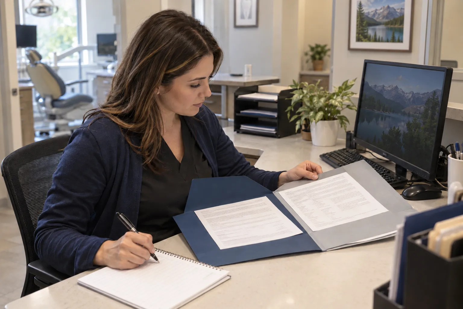 A dental billing specialist compares two printed claim packets while taking notes in a dental office.
