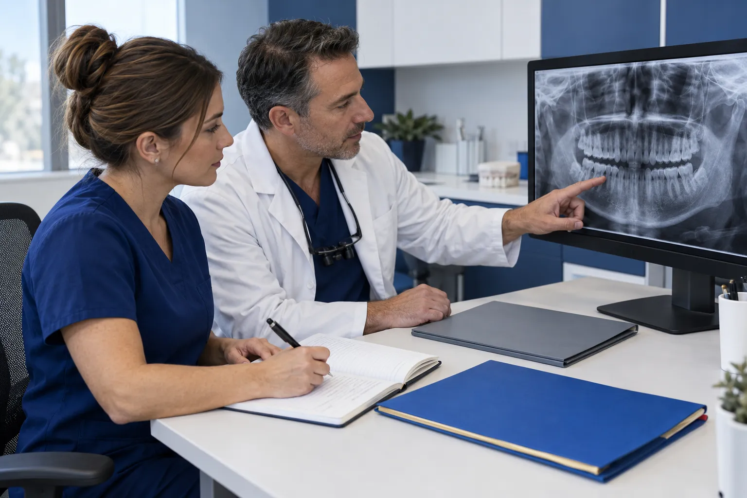 A dentist and authorization coordinator review a de-identified panoramic dental image while documenting a treatment-plan change.