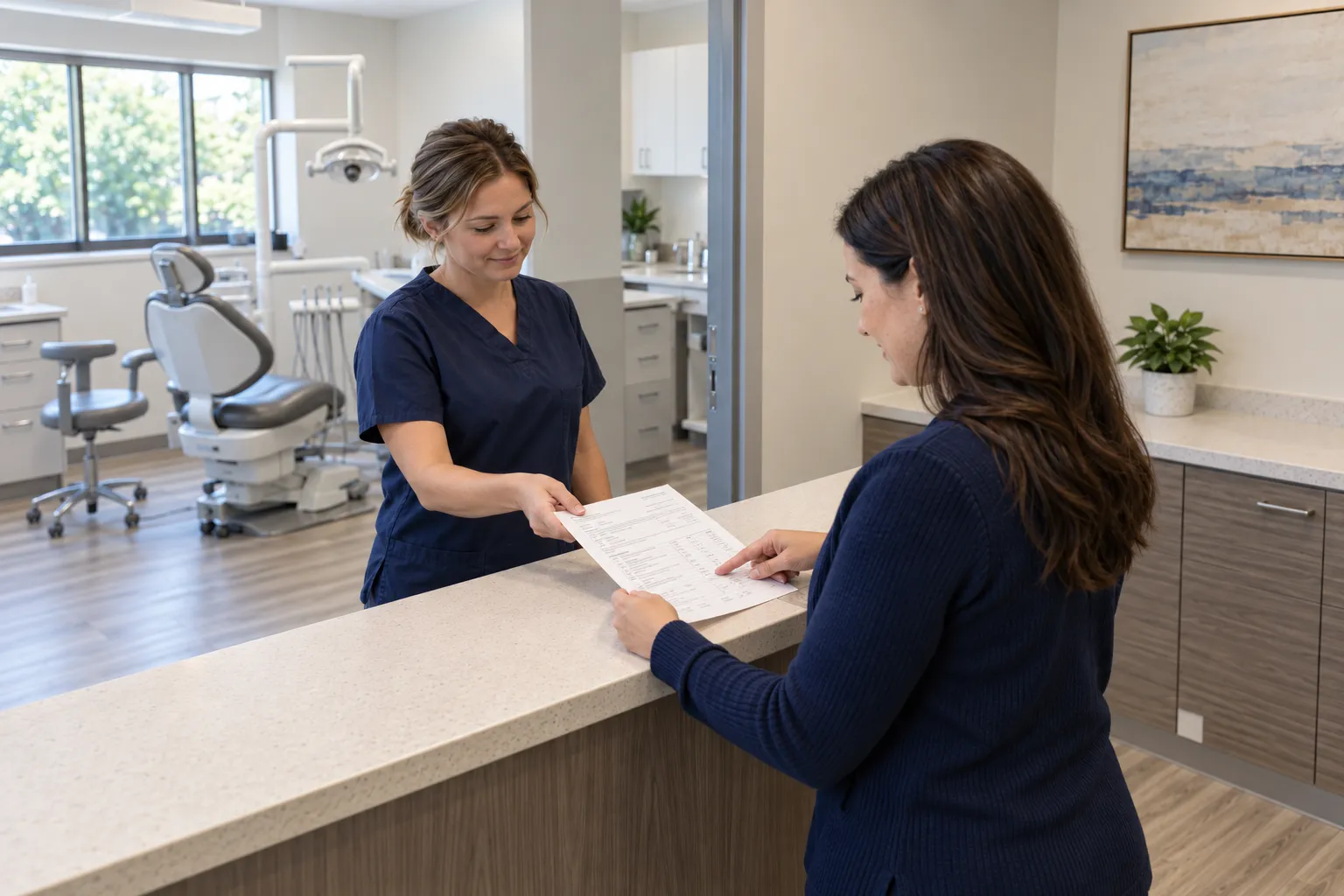 A dental clinician hands a populated encounter sheet to a billing coordinator at an administrative counter.