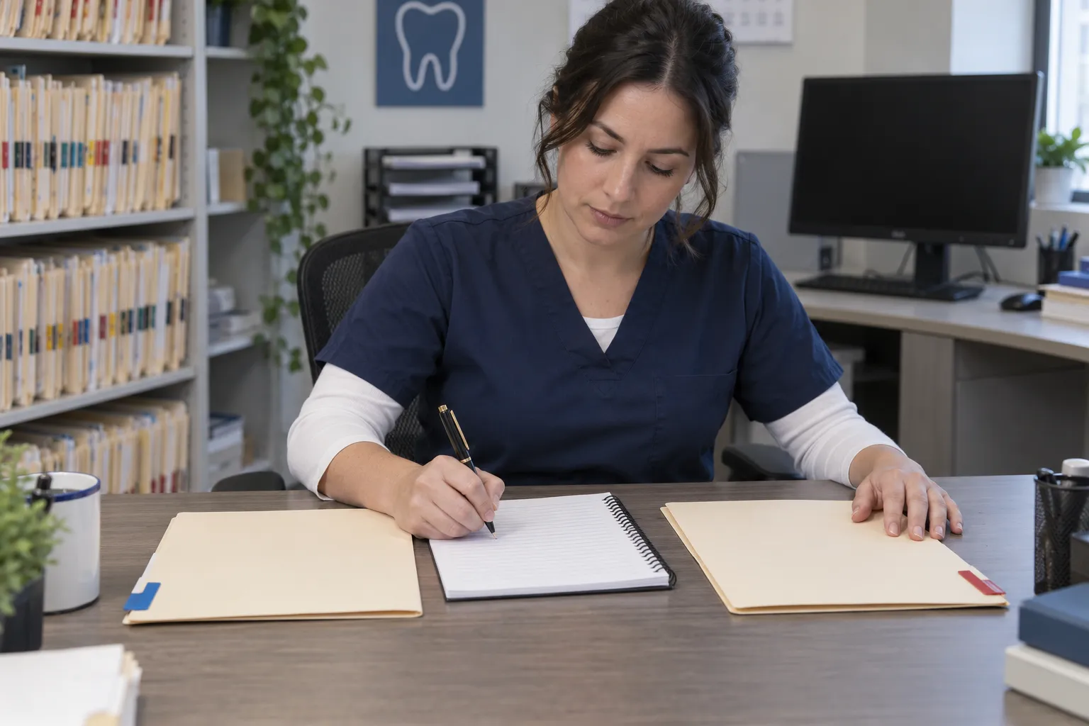A dental records coordinator writes in a blank reconciliation notebook between two separate patient folders.
