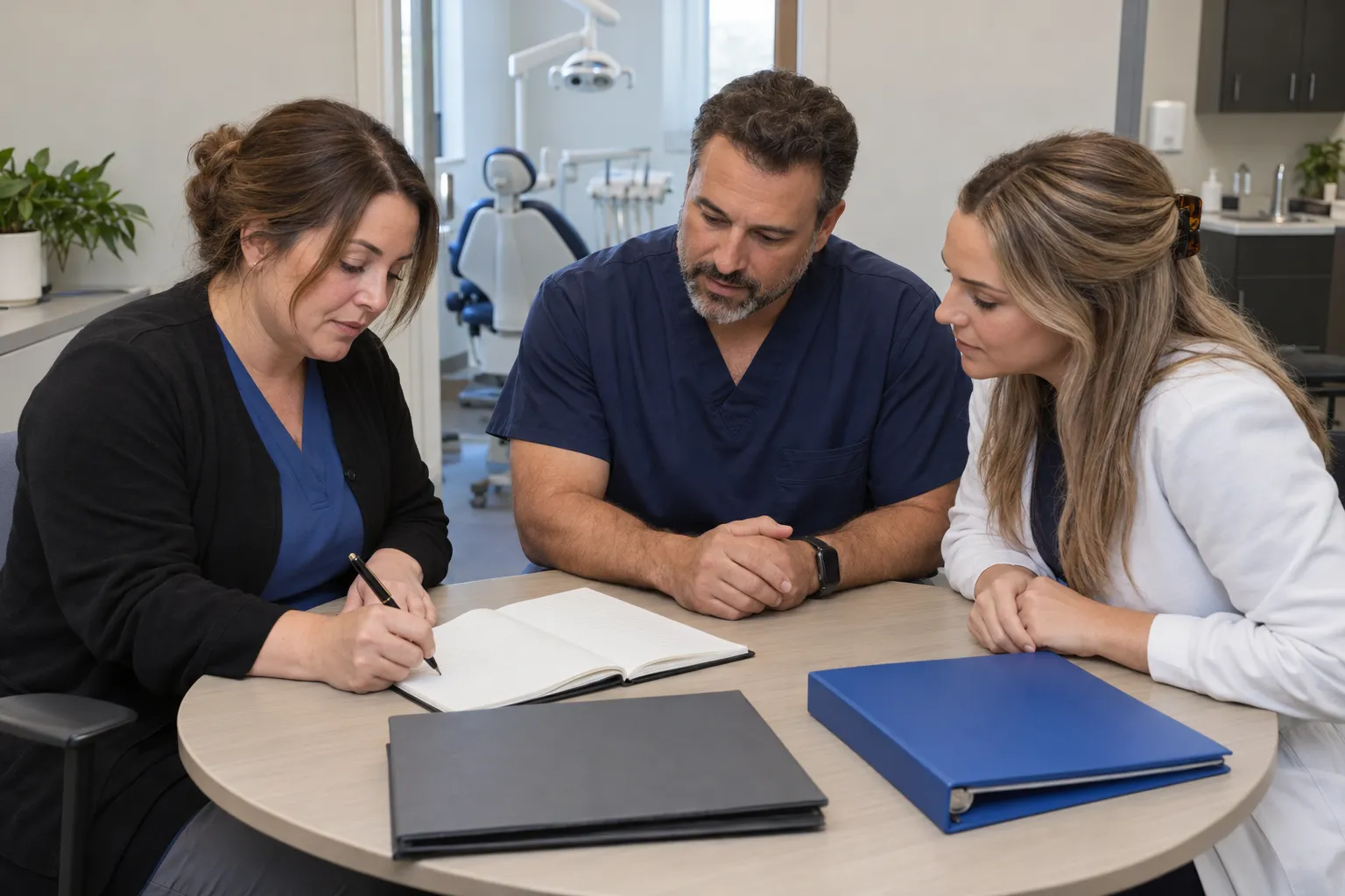 Three dental-practice colleagues record a corrective action during a denial-prevention debrief.