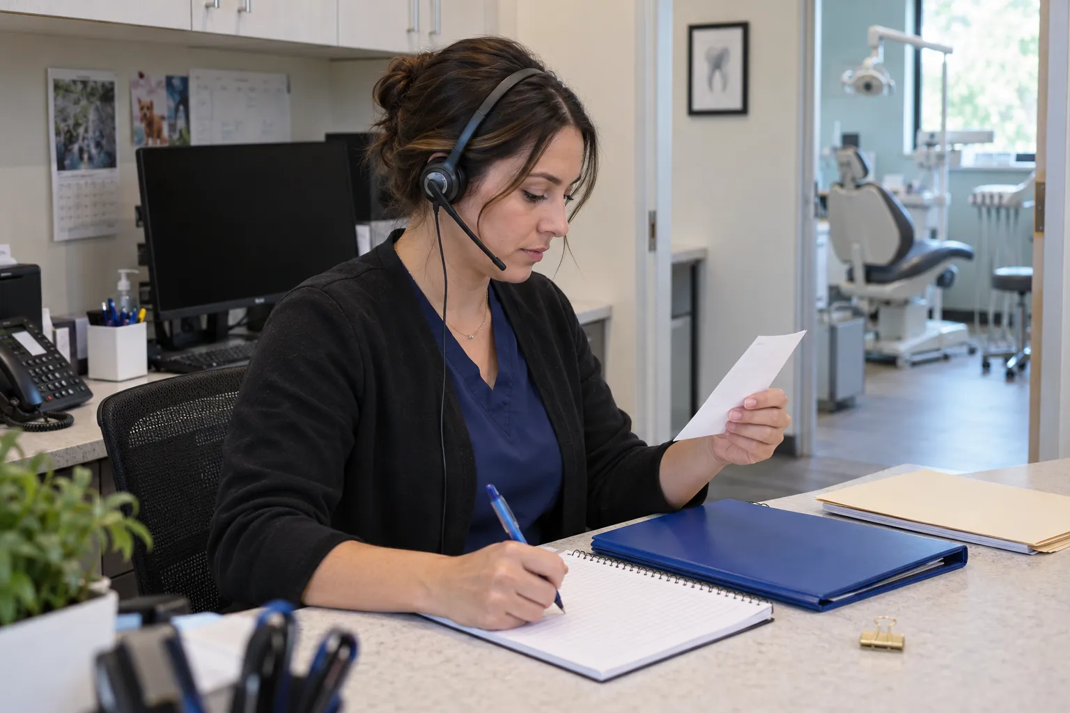 A dental billing coordinator reads a transmission receipt and updates a blank prior authorization tracking notebook.