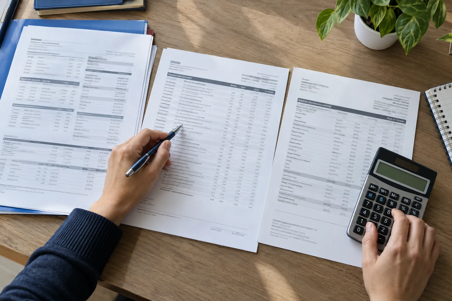 A billing reviewer compares three printed records with a calculator during a zero-balance review.