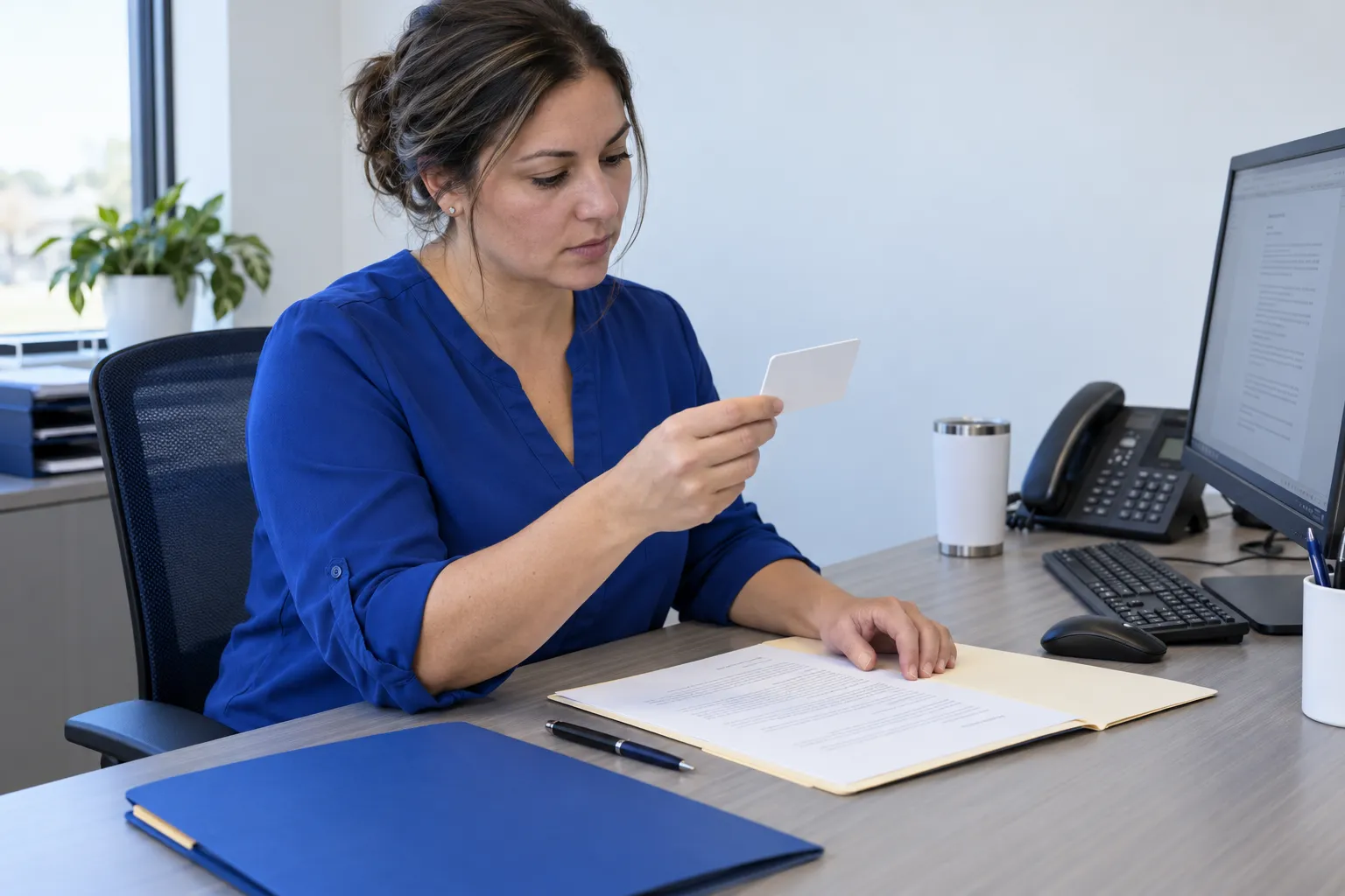 A dental billing coordinator reads a new insurance card while a claim folder waits for a fresh eligibility recheck.