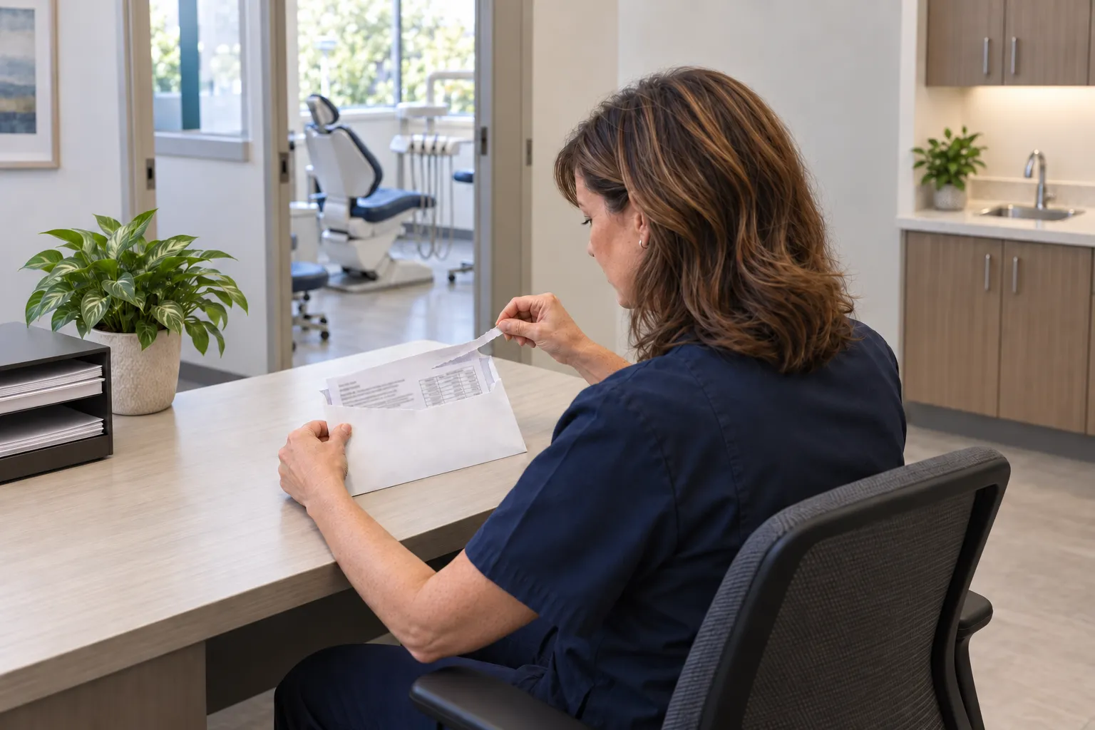 A dental-practice compliance coordinator opens a plain envelope containing a populated review notice.