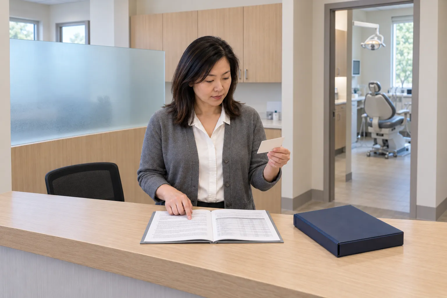 A dental front-desk lead checks a card against an open membership-terms booklet while a separate insurance binder remains set aside.