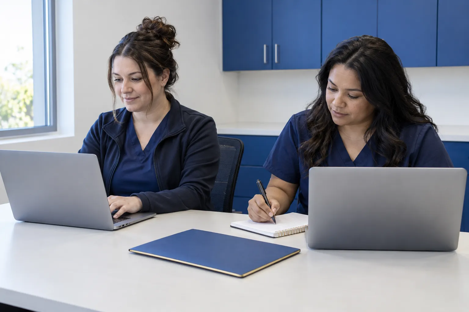 Two dental billing staff members compare clearinghouse options on separate laptops while recording notes.