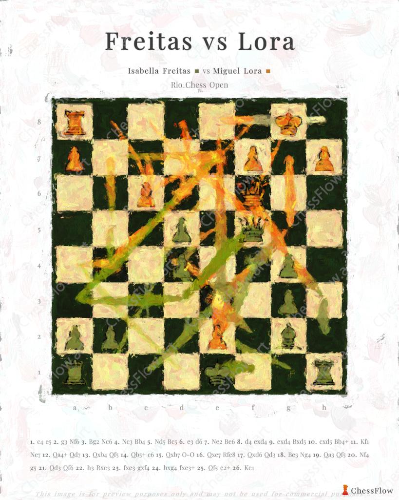 Chess artwork of Isabella Freitas vs Miguel Lora at Rio Chess Open