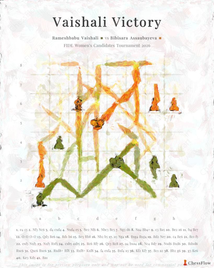 Chess artwork of Rameshbabu Vaishali vs Bibisara Assaubayeva at FIDE Women’s Candidates Tournament 2026