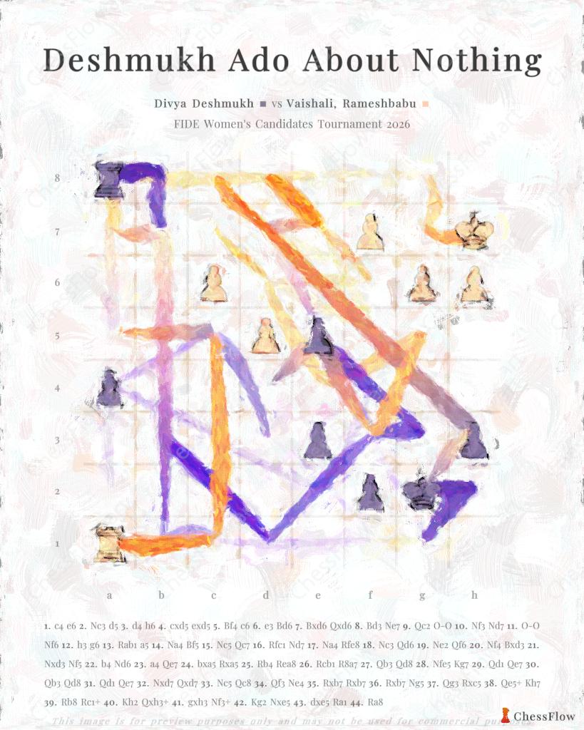 Chess artwork of Divya Deshmukh vs Rameshbabu Vaishali at FIDE Women’s Candidates Tournament 2026