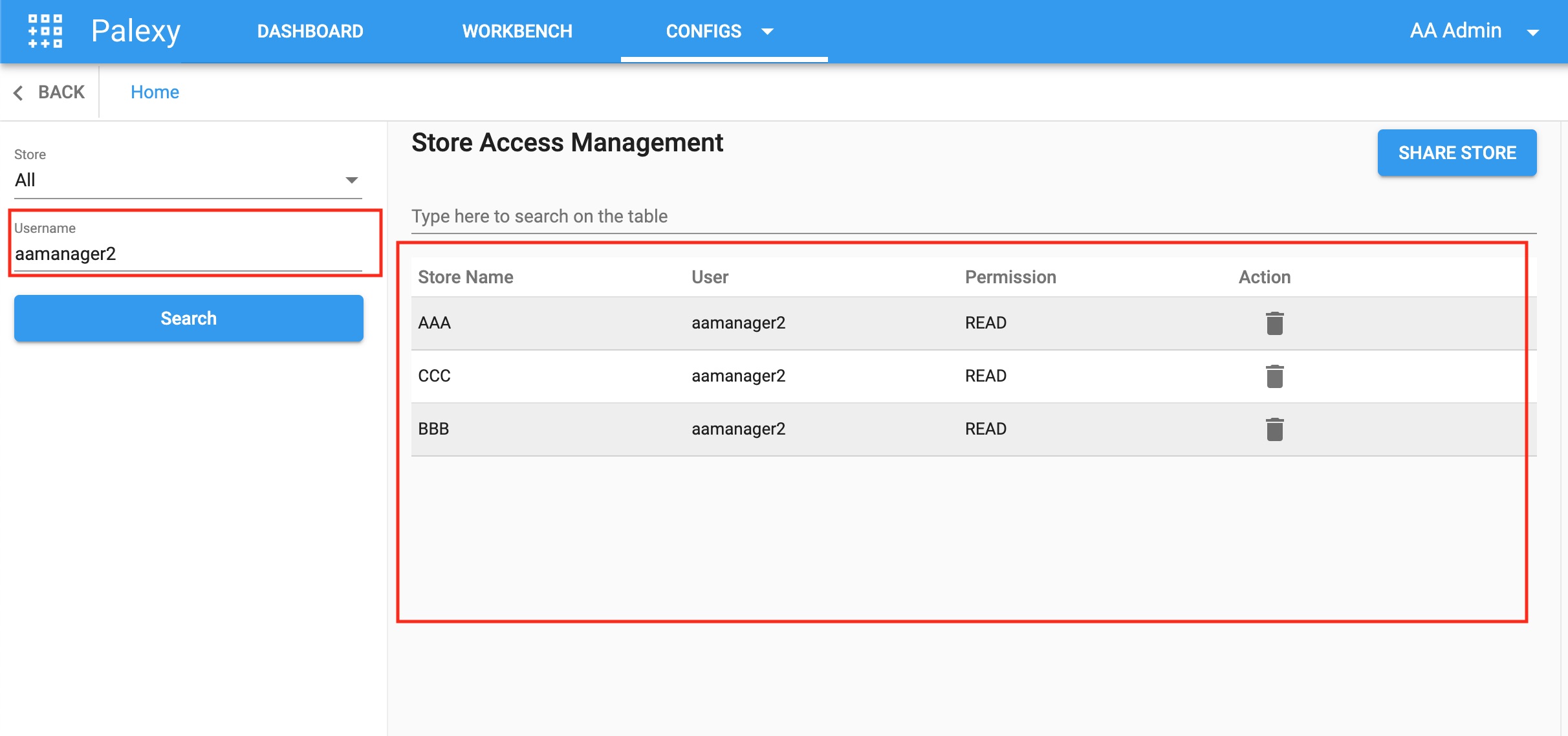 Store Access Search User Permissions