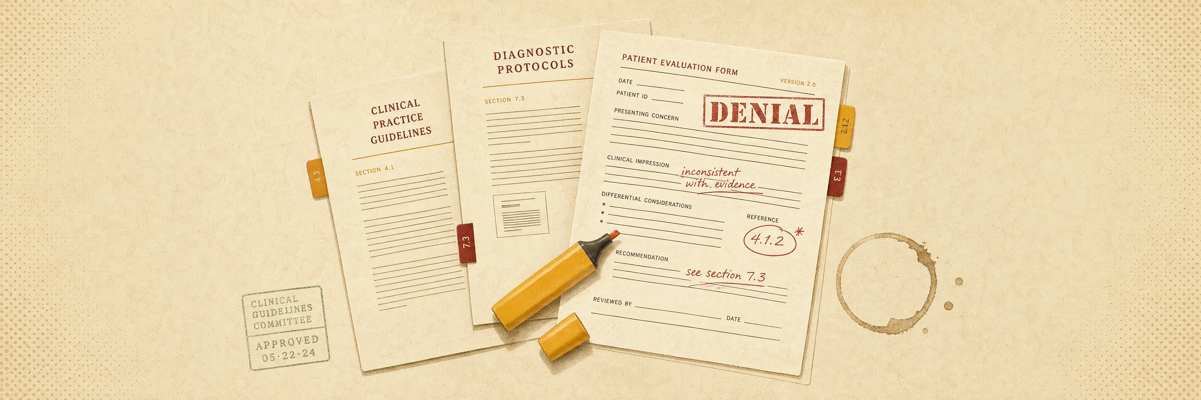 A fan of NCCN, ACP and AAFP clinical-guideline documents spread across a warm parchment desk, a yellow highlighter resting on top and a denial letter annotated in red pen at the edge — flat editorial still-life in sepia, amber and oxblood tones.