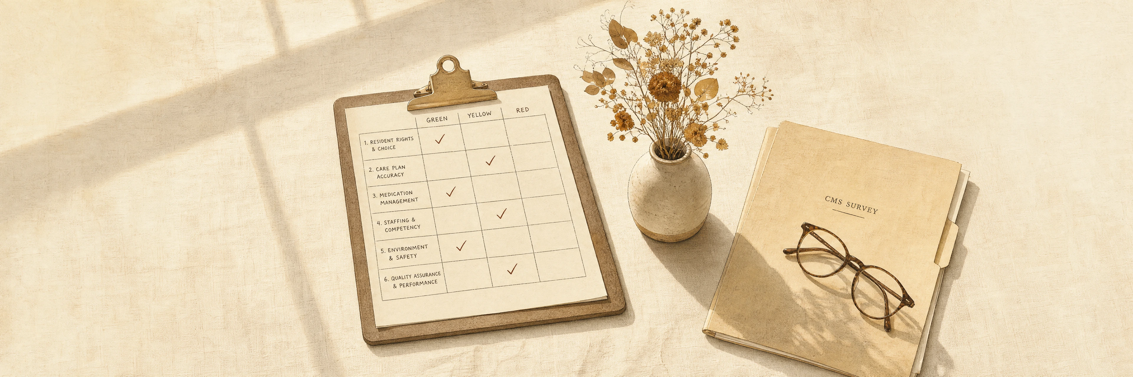 A clipboard with a scoring rubric, a sunlit window, and a vase of dried flowers on a quiet care-home table — flat editorial still-life in ivory, parchment and amber tones.
