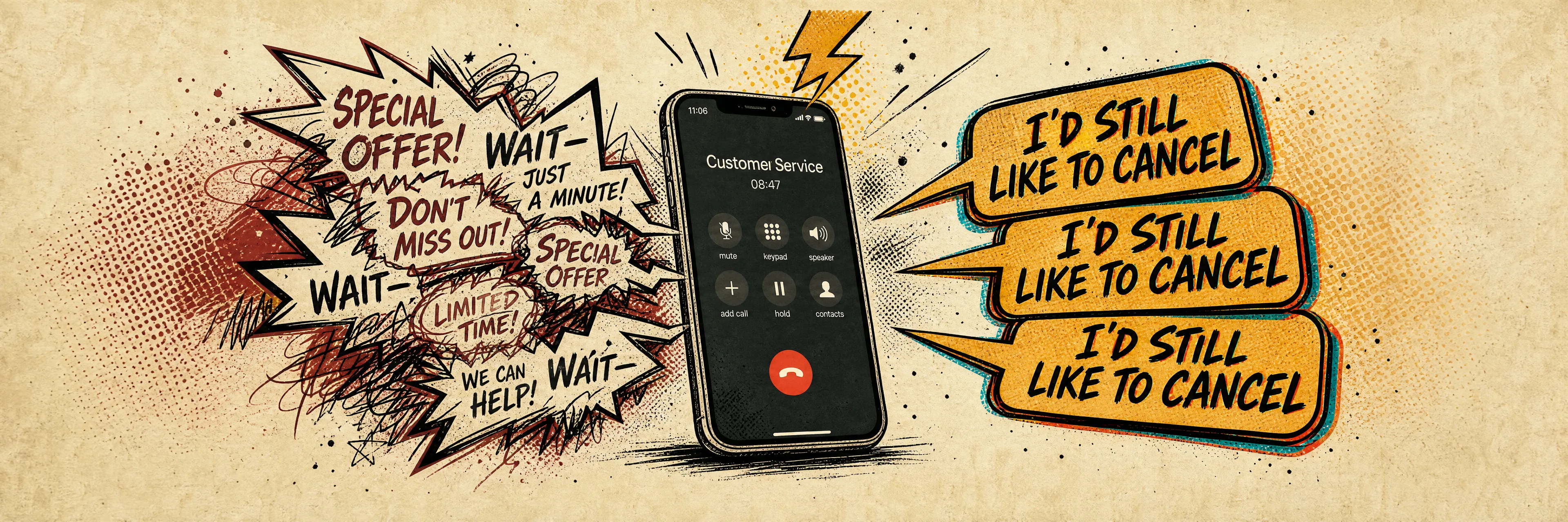 Comic-book collage banner: a modern smartphone mid-call with three stacked speech bubbles repeating 'I'd still like to cancel' on one side and a chaotic pushback cloud on the other — amber and oxblood on warm parchment.