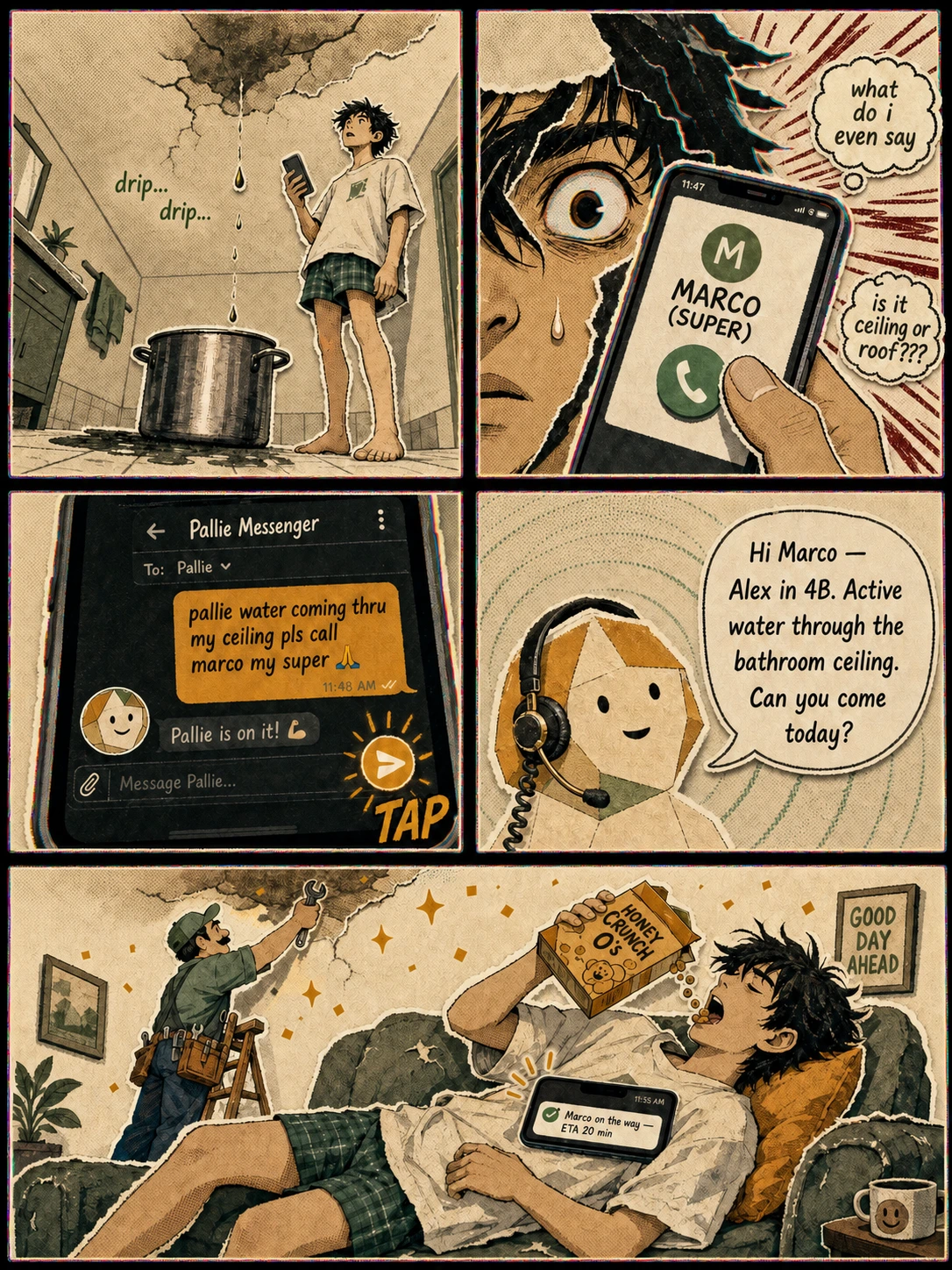 Comic: water drips from a ceiling, the user freezes trying to call their super, hands the job off to Pallie in chat, and Pallie makes the call while the user relaxes on the couch.