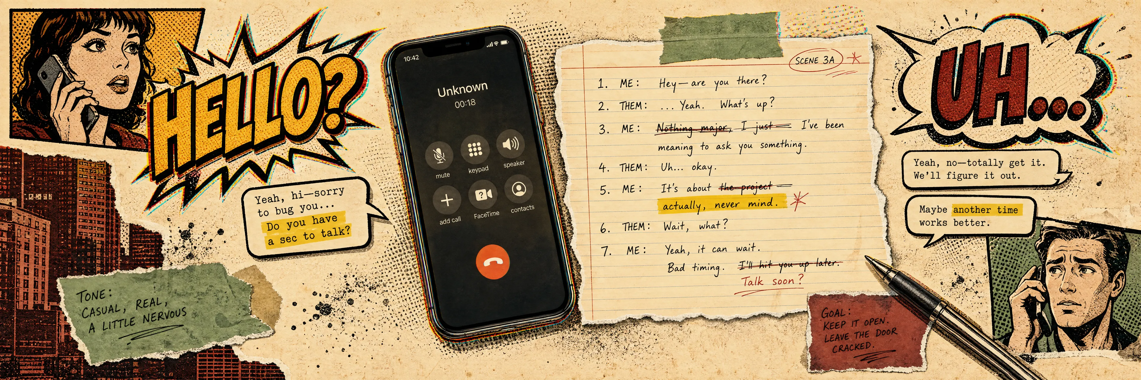 A flat editorial illustration of a handwritten index card sitting beside a vintage rotary phone on warm parchment — a short script penned in amber ink, with sticky notes and a calendar edge in the corners. Sepia and amber tones, minimalist magazine composition.