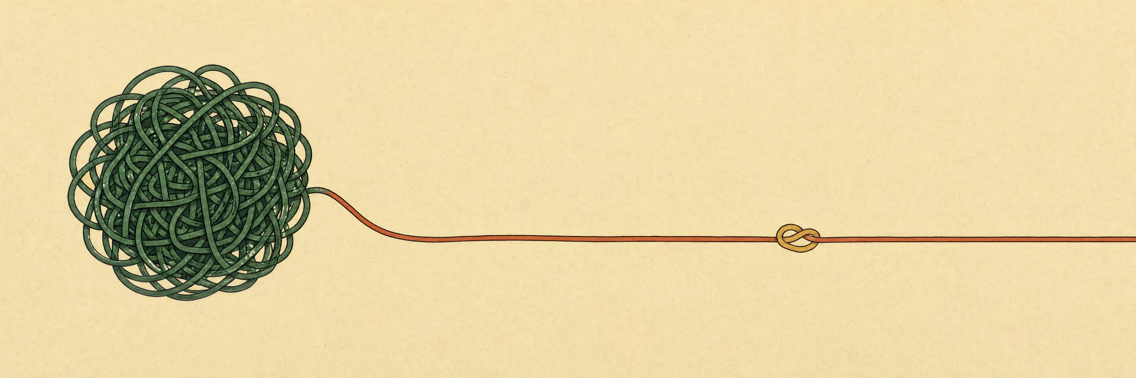 A flat editorial illustration of a tightly tangled ball of forest-green thread on the left, unwinding into a smooth, calm burnt-orange line that stretches across the frame, with one small, loosely-tied mustard-yellow knot resting partway along the straight stretch.