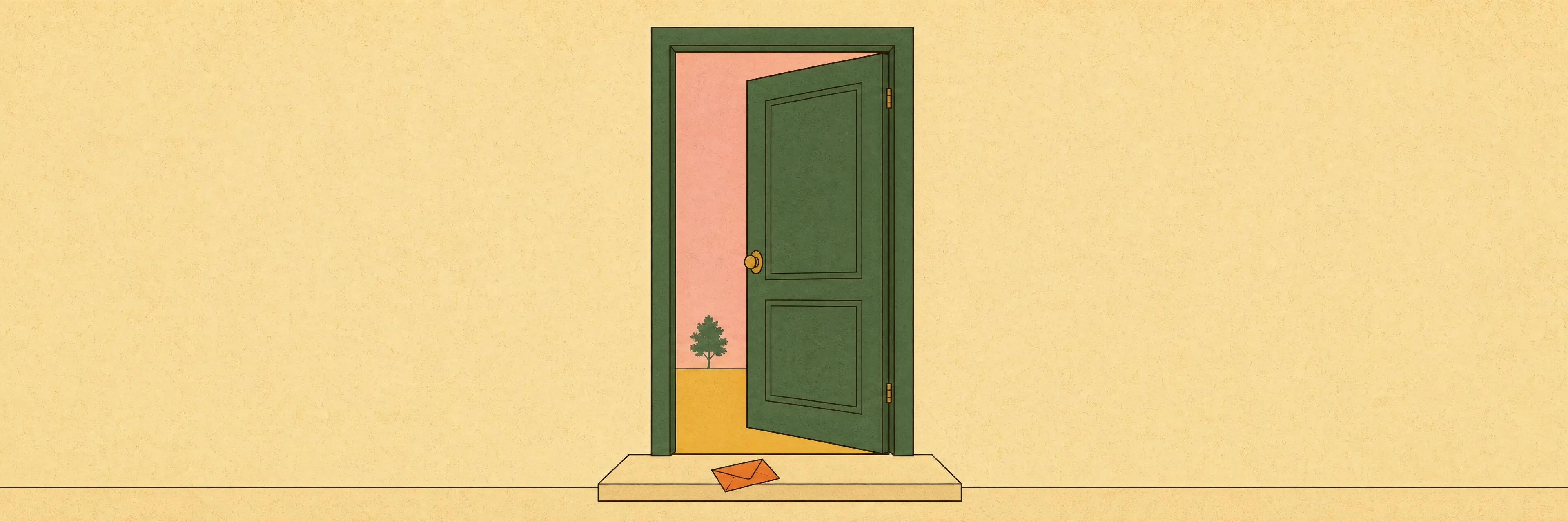 A flat editorial illustration of a single forest-green door standing open against a cream wall: warm mustard light spills through the gap, a small burnt-orange folded note rests on the doorstep, and beyond the threshold a soft dusky-pink sky glows behind one distant, solitary tree.