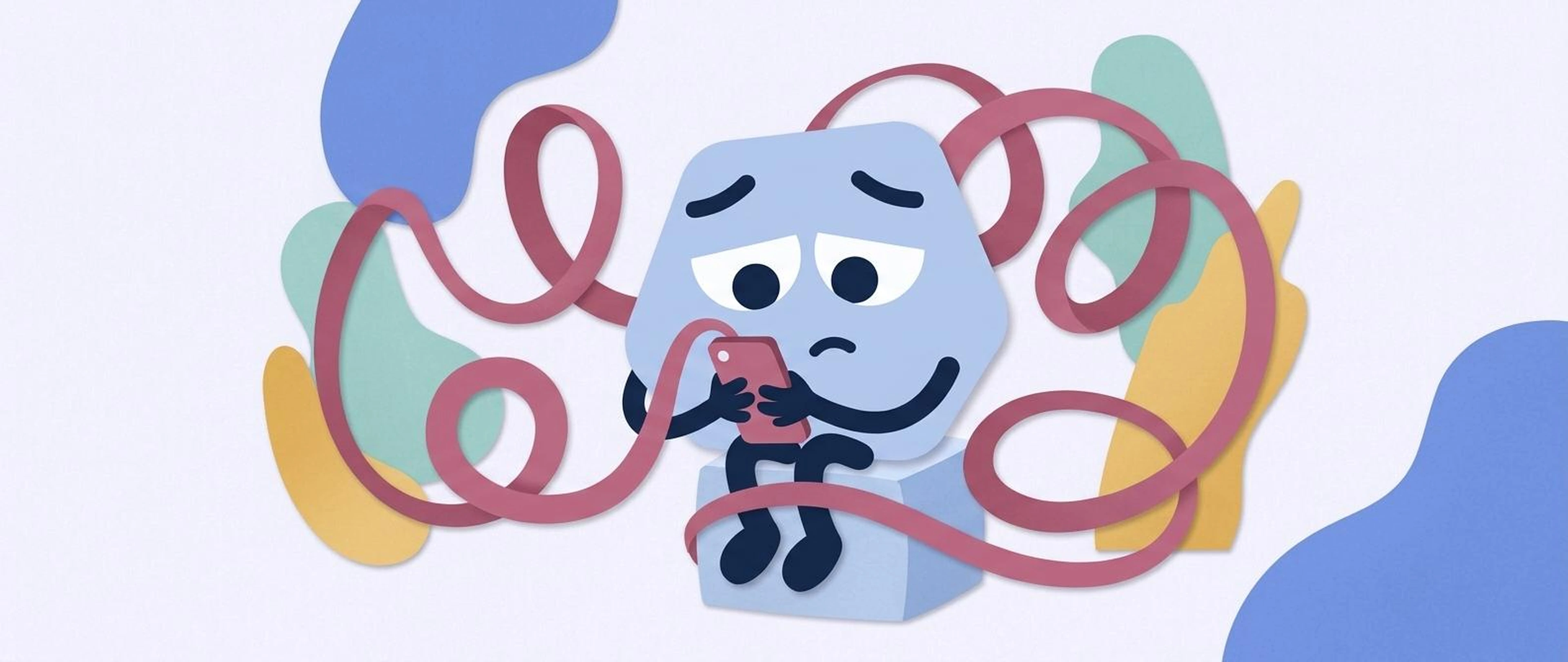 Editorial illustration of the Pallie mascot sitting with a phone while a long muted-pink ribbon loops into obsessive coils around it — a visual metaphor for ruminating about an ex