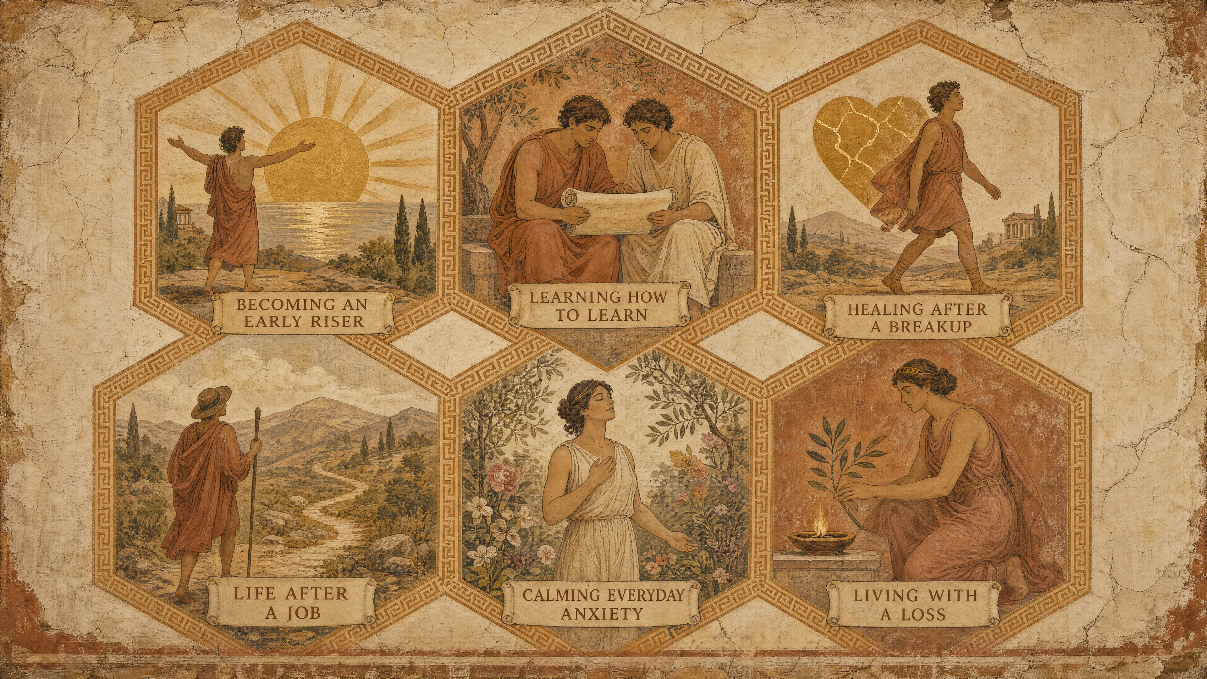 A Greek fresco of six Pallie Chapters: becoming an early riser, learning how to learn, healing after a breakup, life after a job, calming everyday anxiety, and living with a loss.